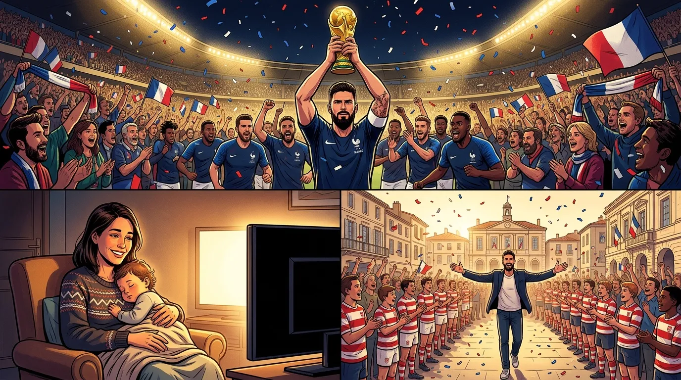 &Eacute;quipe fran&ccedil;aise c&eacute;l&eacute;brant avec la Coupe du Monde au stade