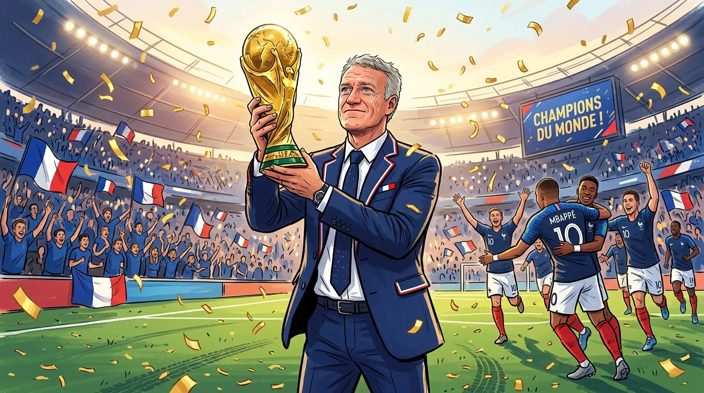 Entra&icirc;neur fran&ccedil;ais brandissant la Coupe du Monde en stade