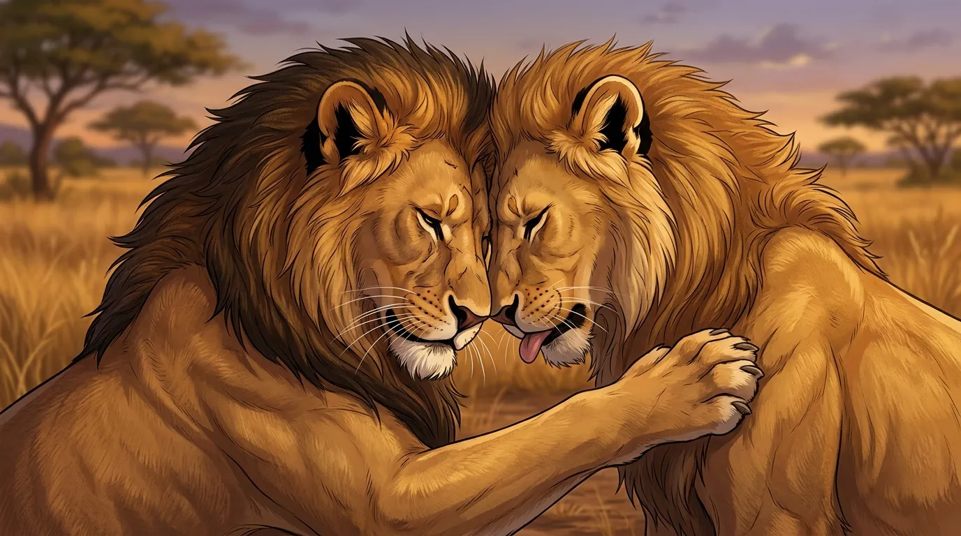 Deux lions jouant tendrement dans la savane africaine