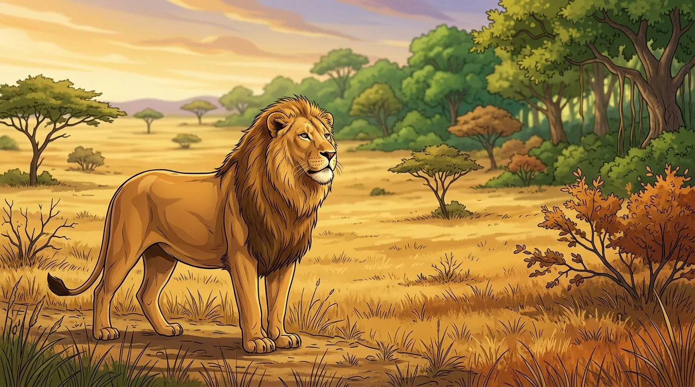 Lion majestueux dans la savane africaine avec arbres acacia
