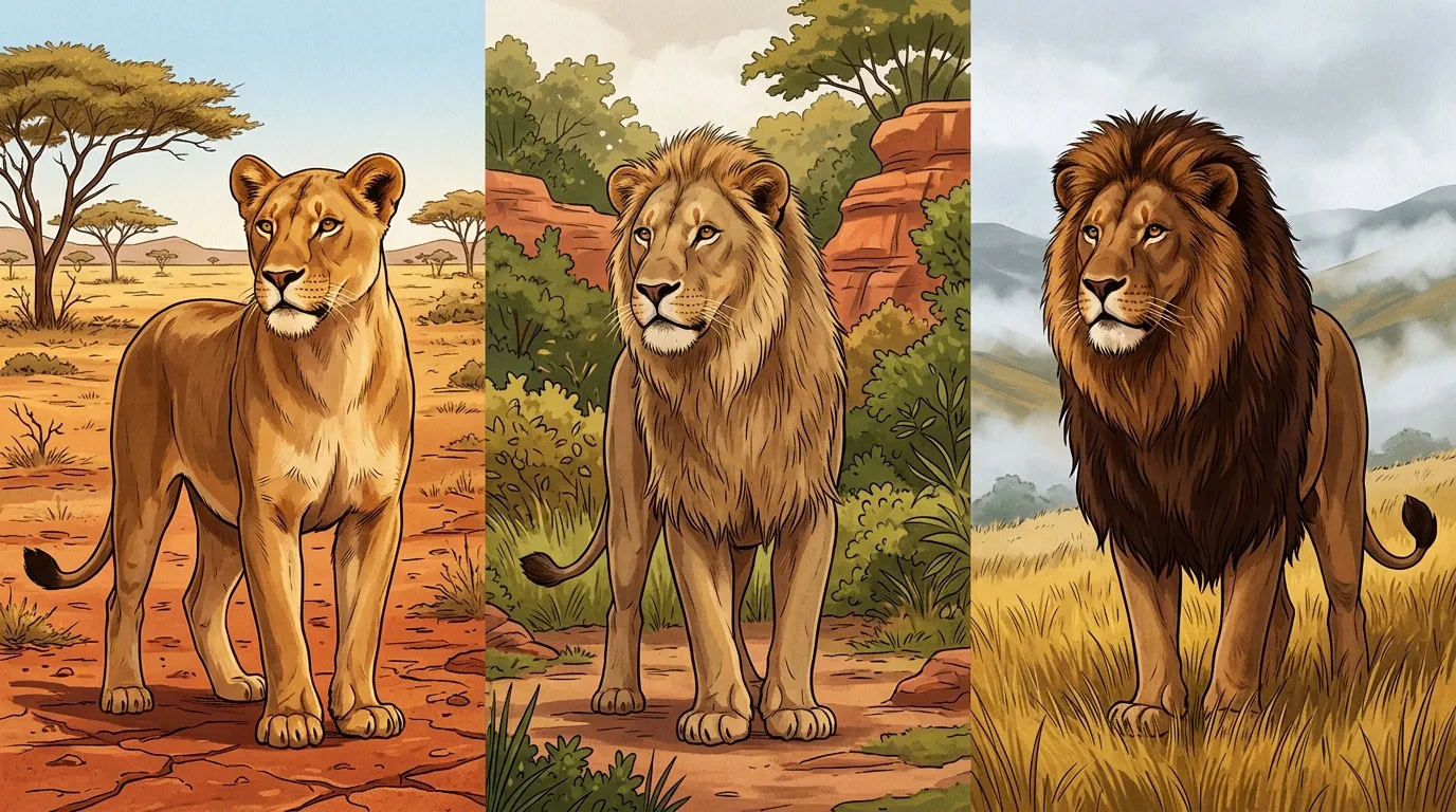 Trois lions illustrés montrant progression de jeune à adulte mâle