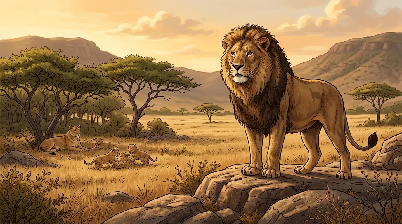 Lion majestueux sur rocher avec lionne et lionceaux en arrière-plan.