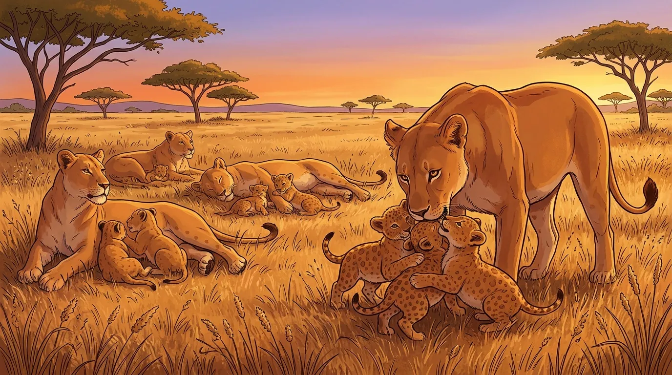 Lions et léopards adultes avec leurs jeunes dans la savane africaine
