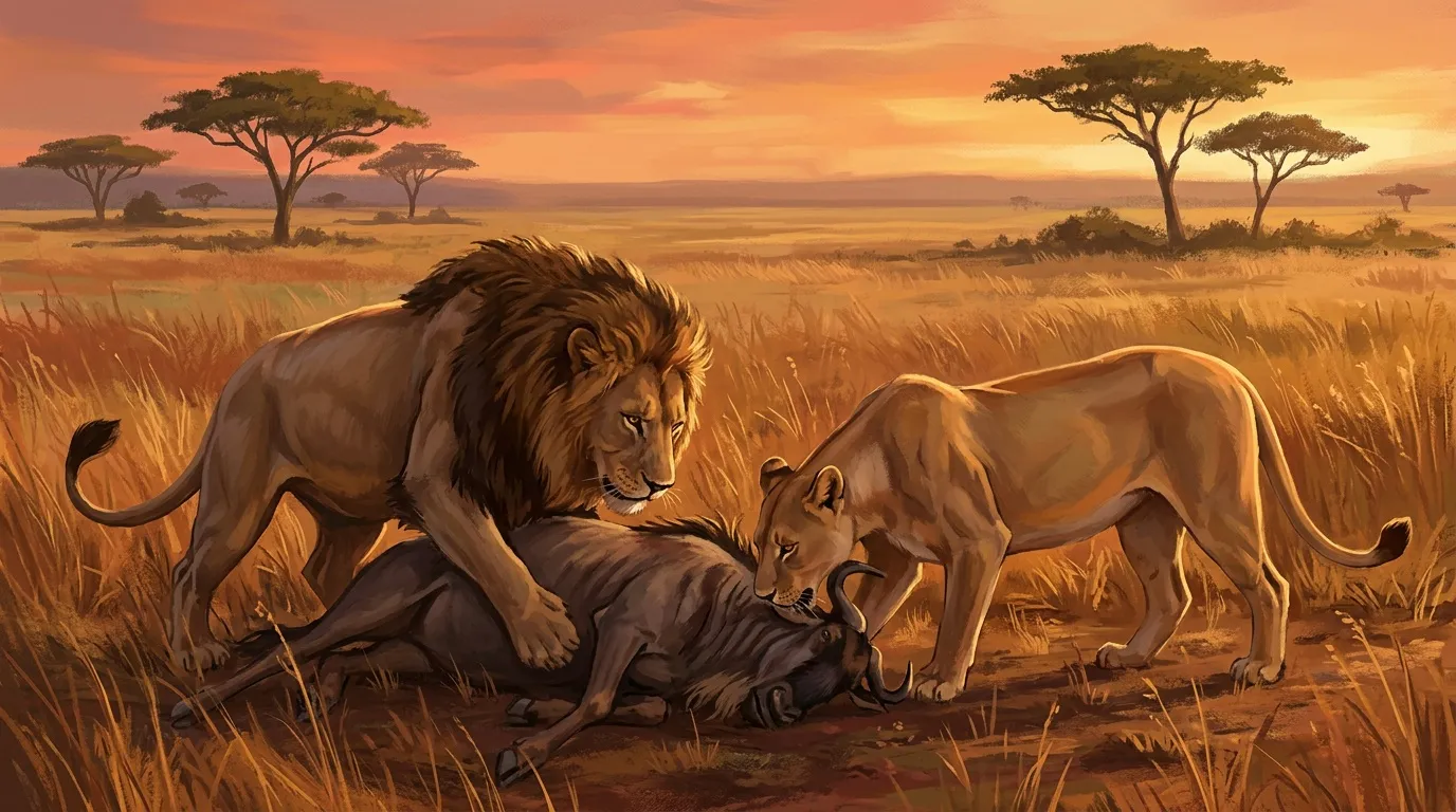 Lion, lionne et lionceau dans la savane africaine au coucher de soleil