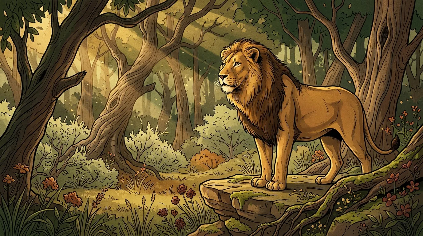 Lion majestueux debout sur un rocher en forêt illuminée
