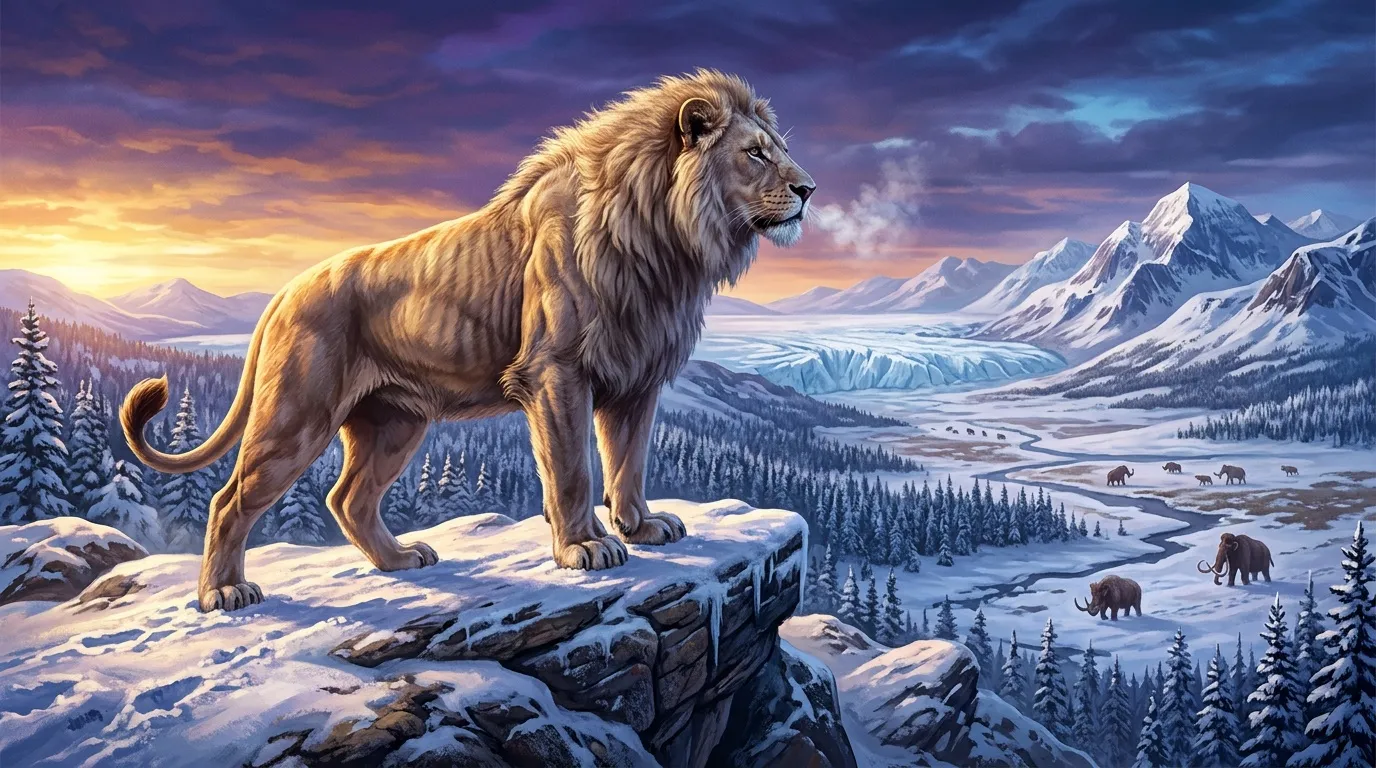 Lion majestueux sur rocher enneigé, vallée glaciaire et mammouths