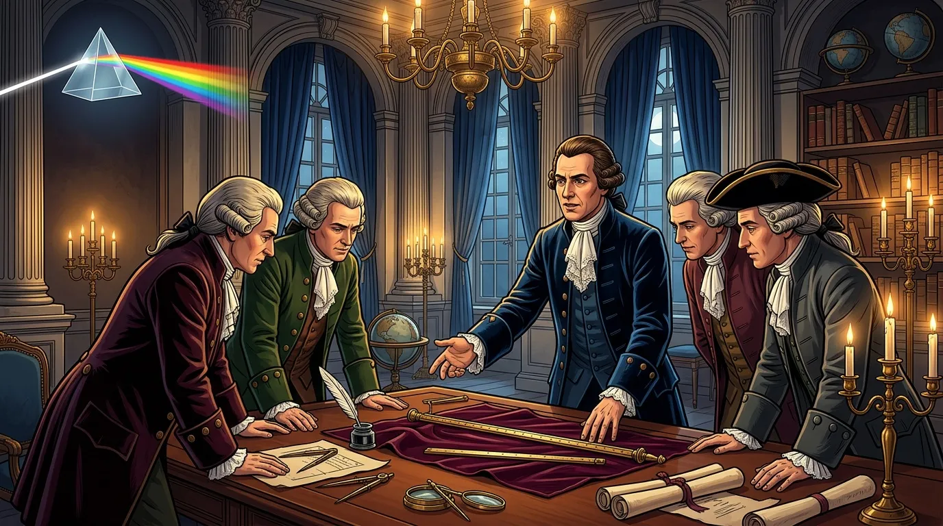 Cinq hommes en costume d'époque autour d'une table avec documents