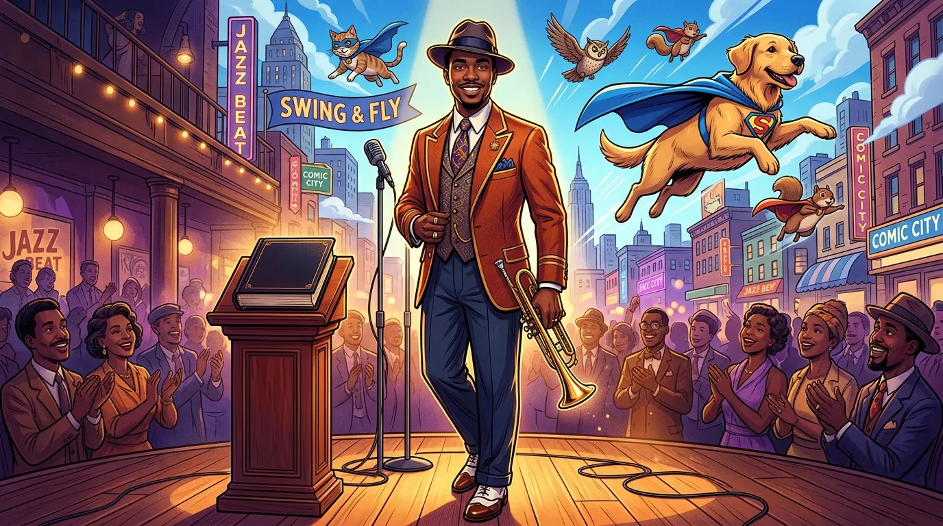 Musicien jazzy avec trompette et chiens surhumains volants.