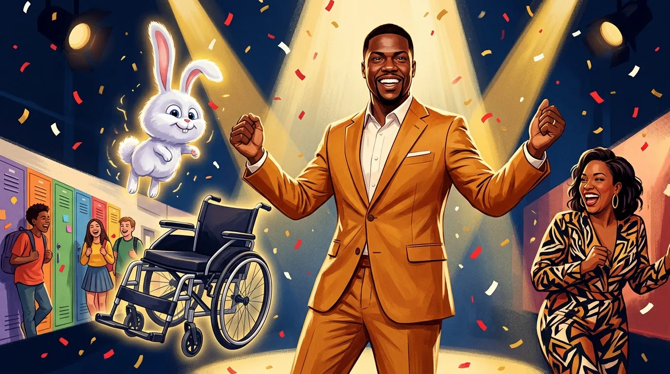 Homme en costume orange célébrant avec lapin, enfants et femme joyeuse