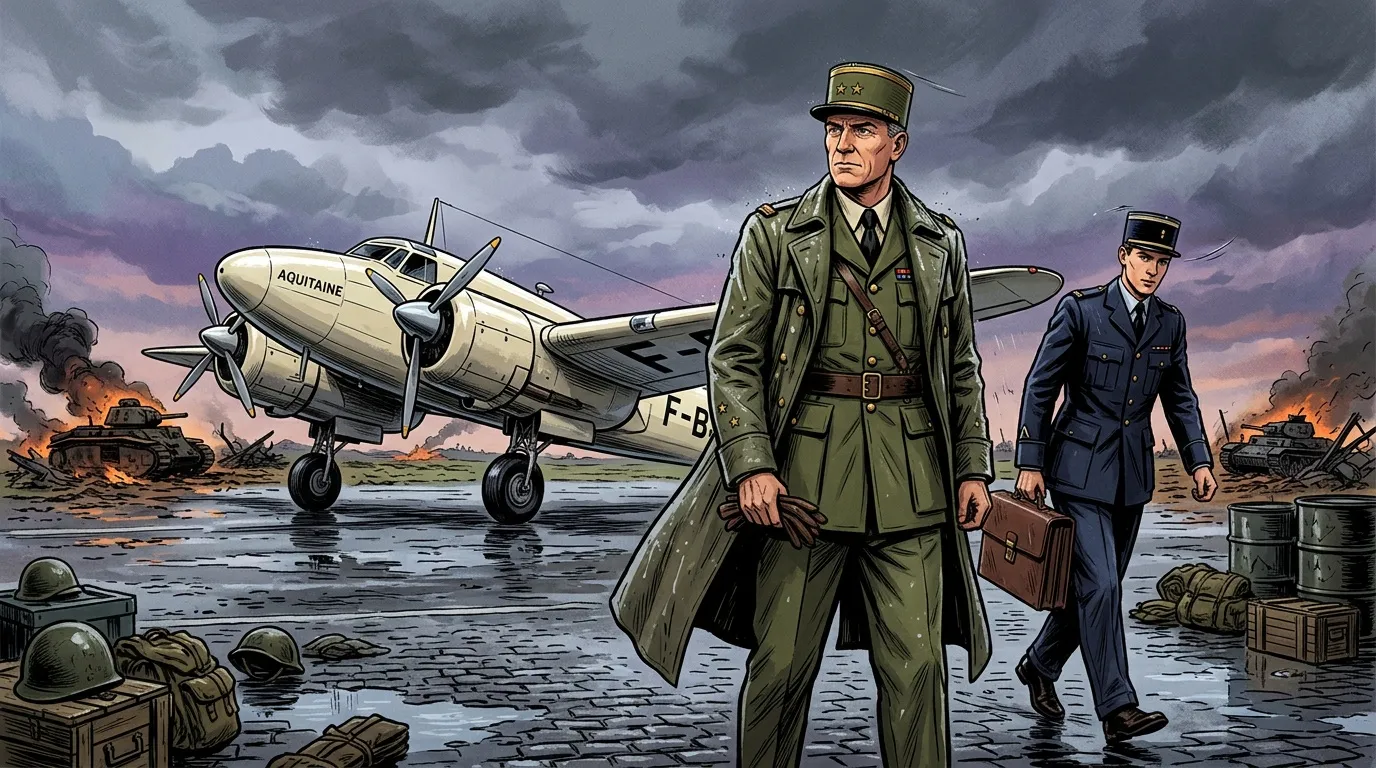 Officiers militaires marchant vers avion Aquitaine bombardé