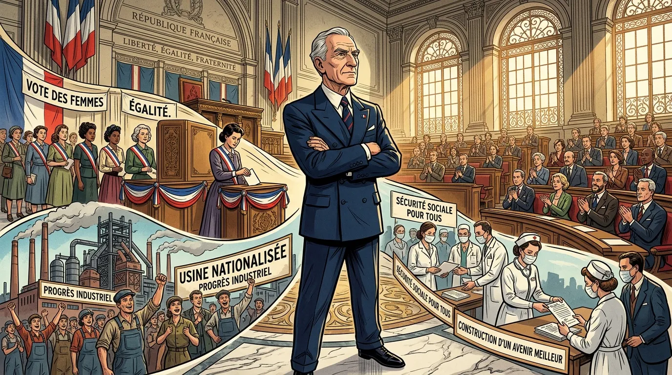 Homme politique présentant réformes sociales et industrielles nationales.