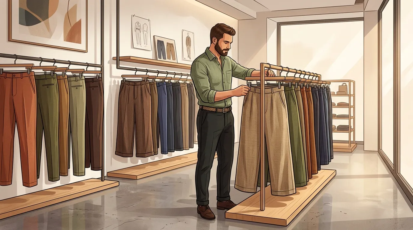 Homme regardant pantalons dans boutique de mode moderne