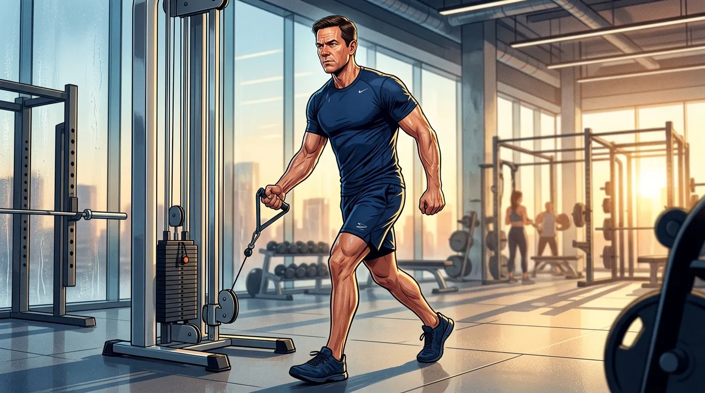 Homme muscl&eacute; utilisant machine de musculation moderne en gym