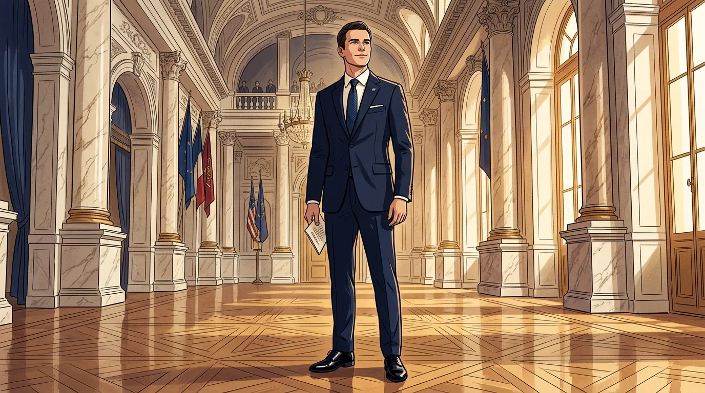 Homme en costume bleu dans un couloir de palais majestueux