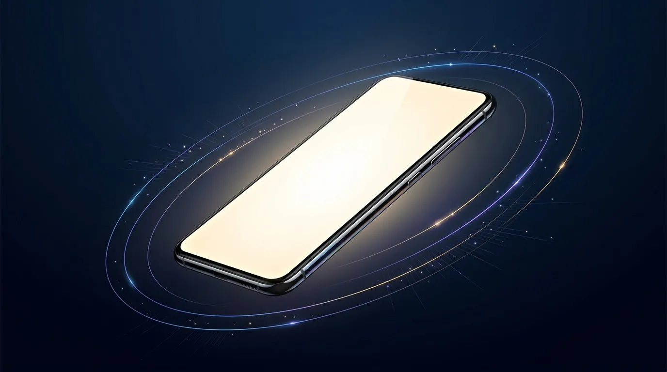 T&eacute;l&eacute;phone moderne entour&eacute; d'ondulations lumineuses bleues