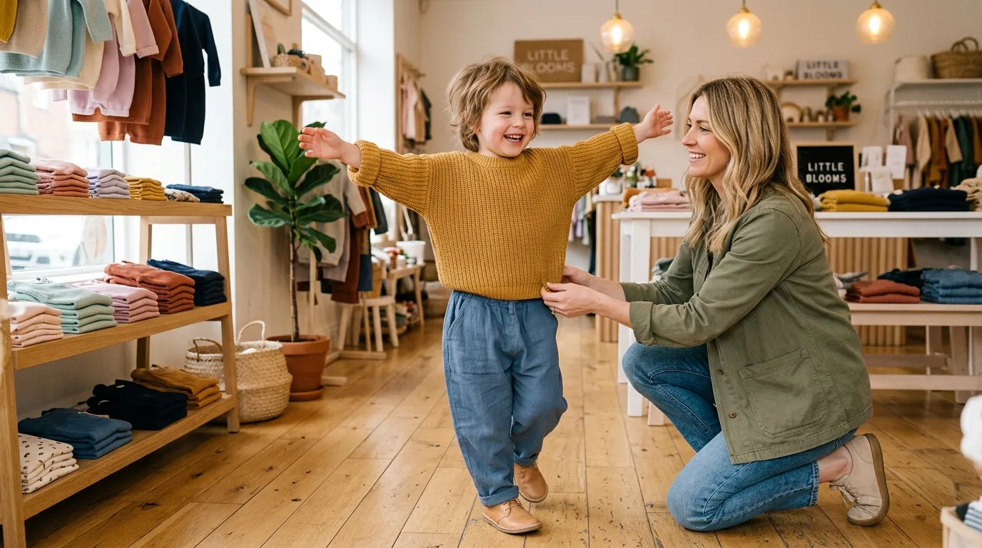 Femme et petit garçon jouent dans magasin enfants coloré
