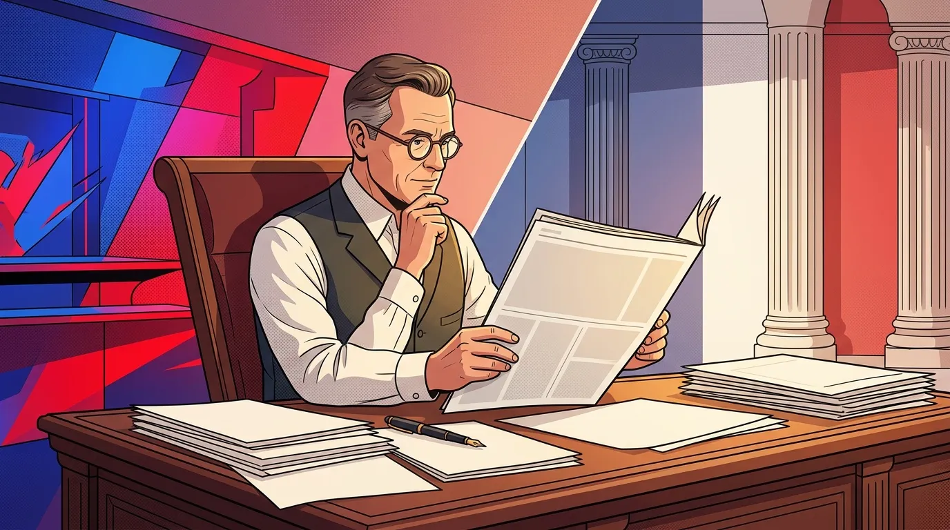 Homme en costume lisant un journal à son bureau