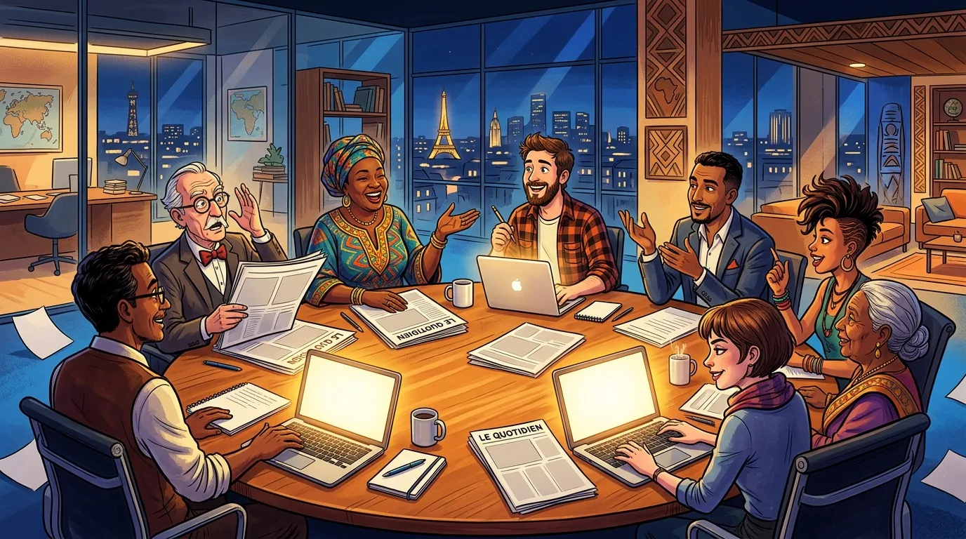 Groupe diversifié collaborant autour d'une table avec vue sur Paris