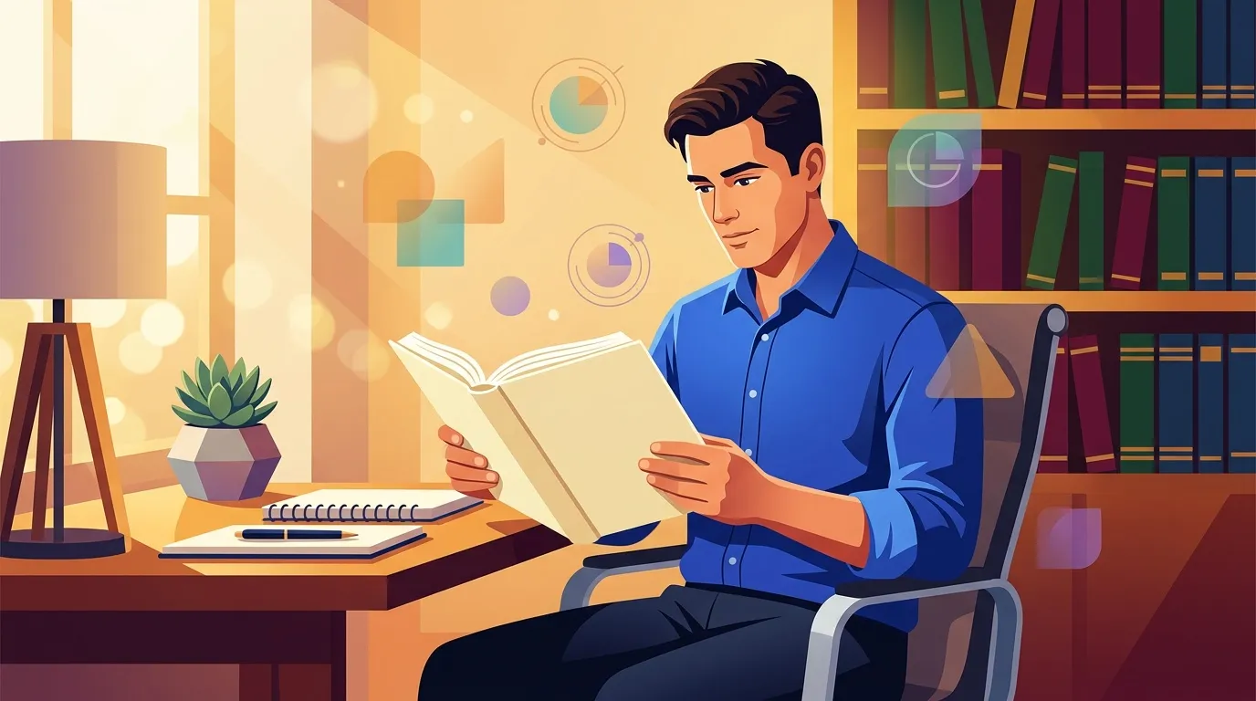 Homme en chemise bleue lisant un livre à son bureau