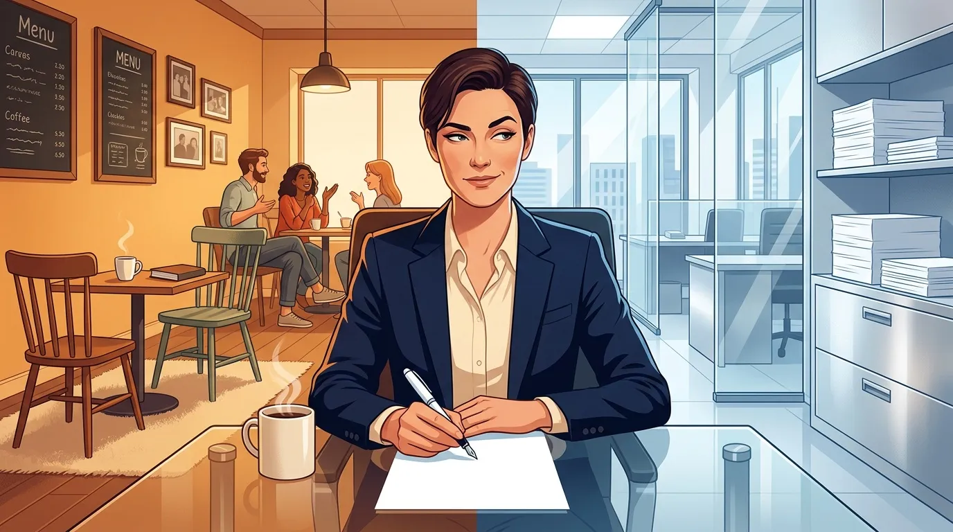 Femme en costume écrivant dans café moderne avec vue urbaine