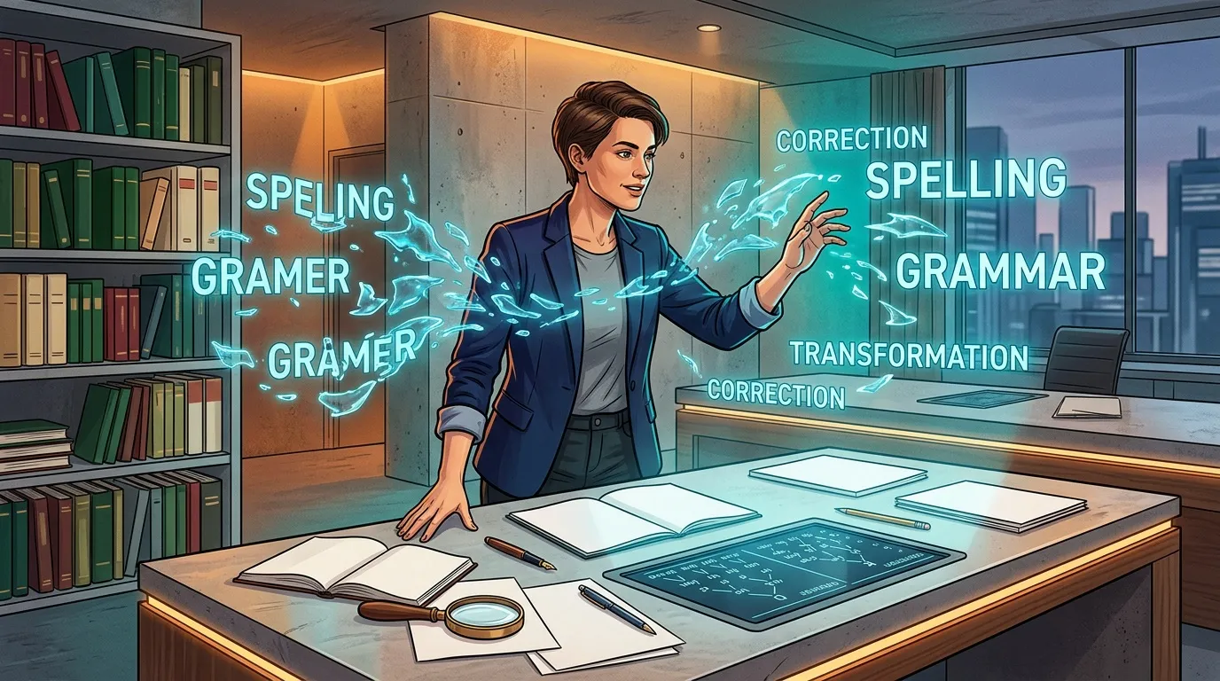 Femme consultant documents avec corrections orthographe et grammaire