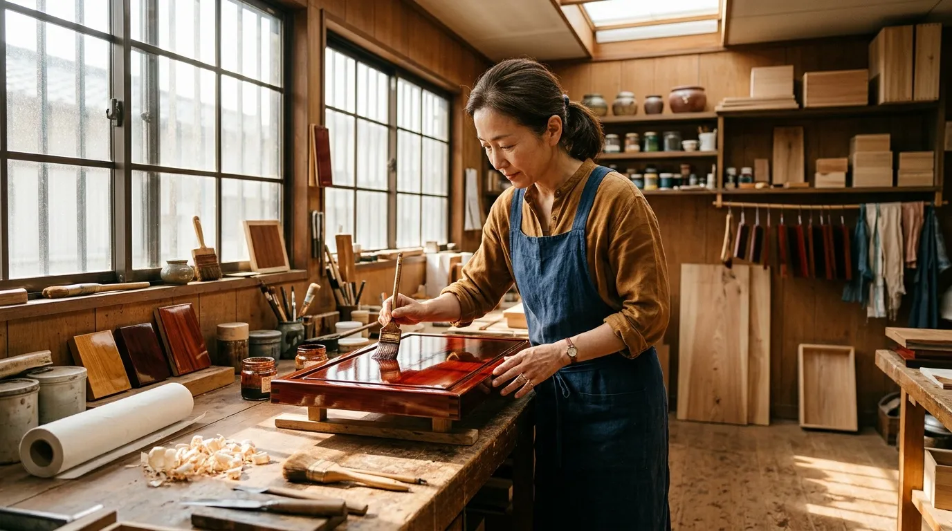 Femme en atelier appli&ccedil;ant du vernis sur objet bois