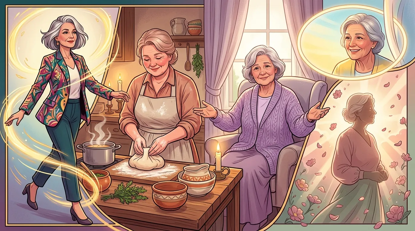Trois femmes d'âges différents dans une cuisine chaleureuse.