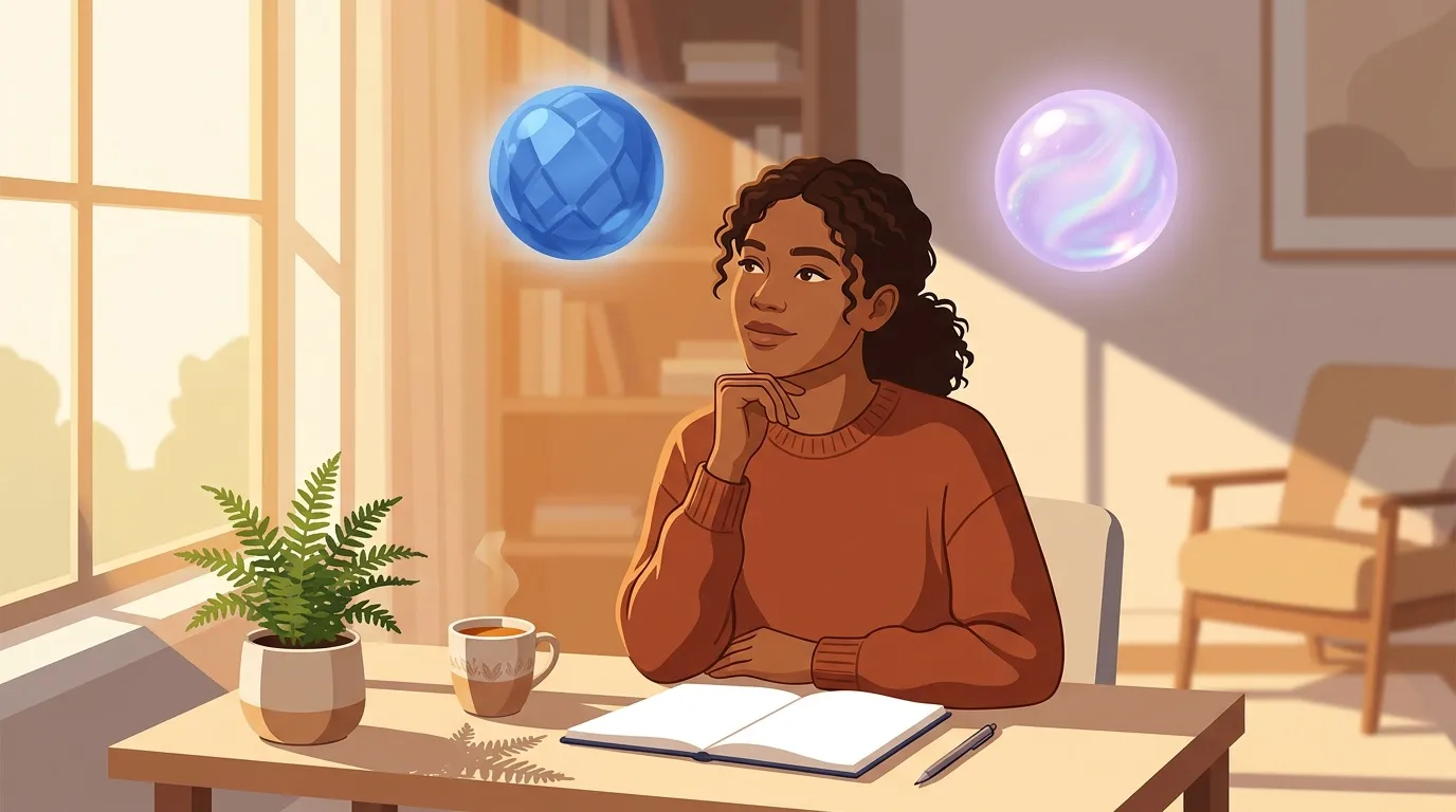 Femme réfléchit à son bureau avec orbes magiques flottantes