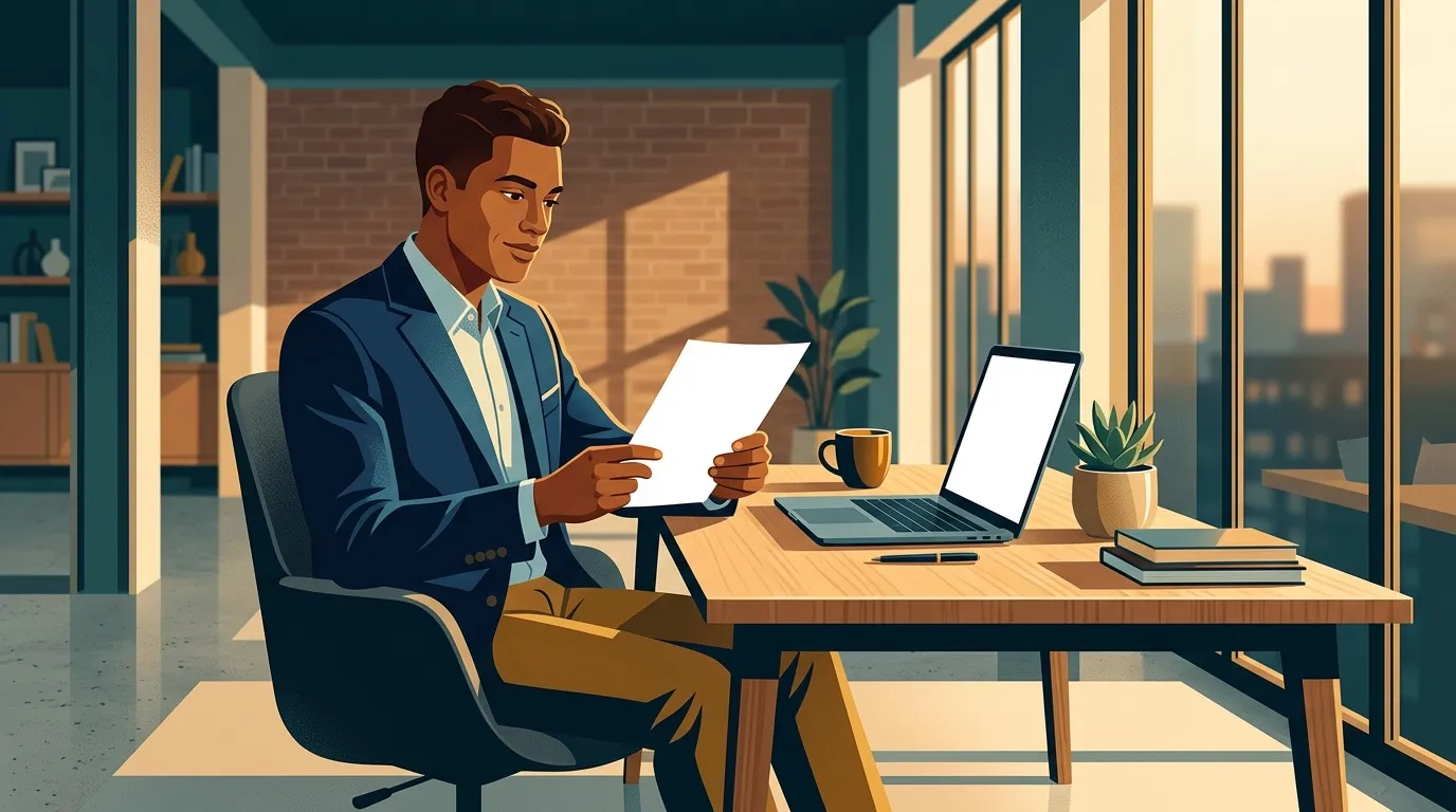 Homme d'affaires en costume bleu consultant des documents au bureau