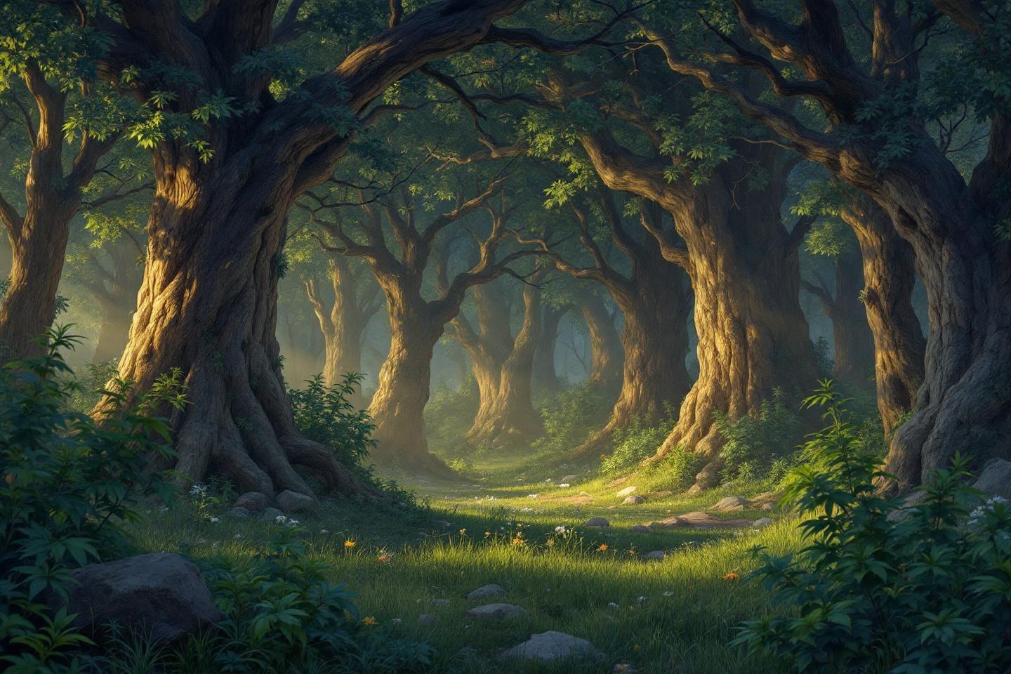 Lumi&egrave;re dor&eacute;e traversant une for&ecirc;t verdoyante avec arbres noueux