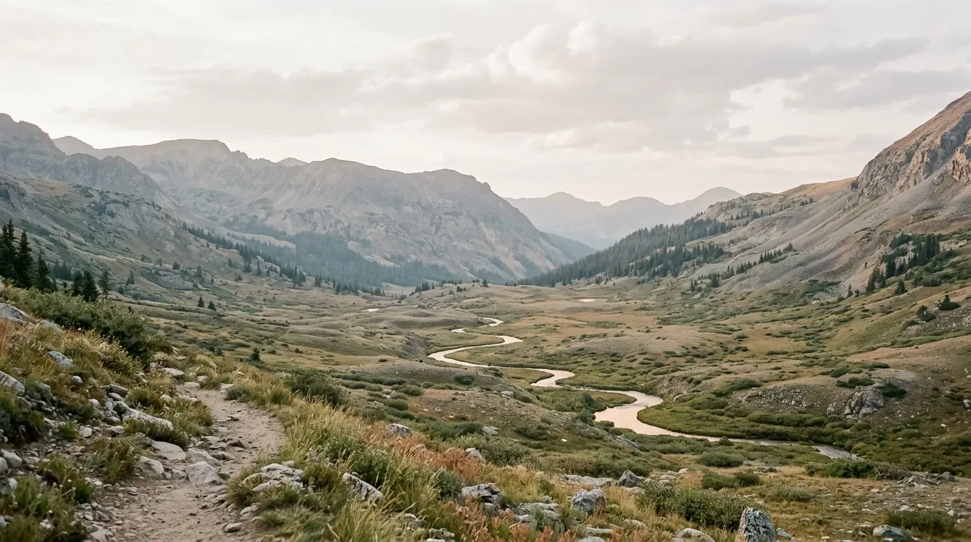 Vall&eacute;e de montagne avec rivi&egrave;re sinueuse et conif&egrave;res