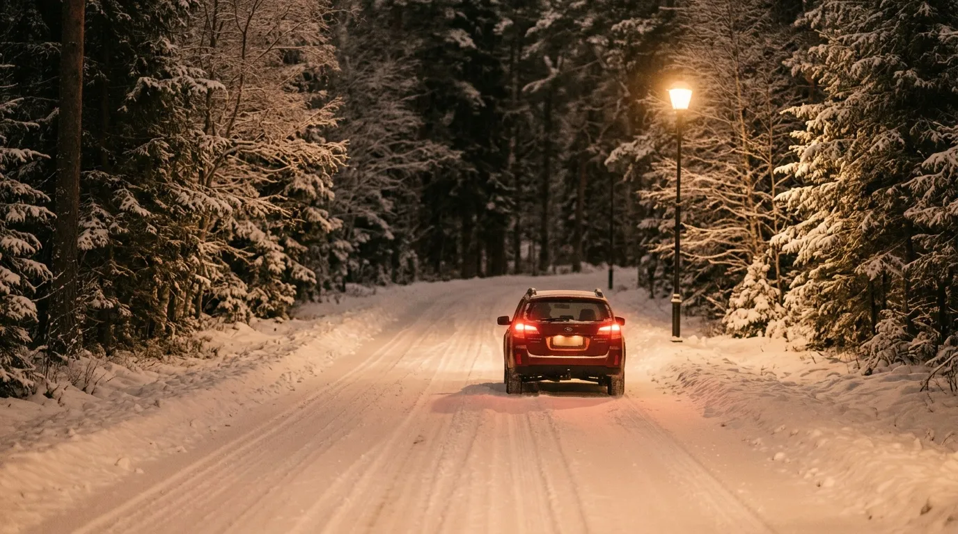 V&eacute;hicule rouge circulant sur une route hivernale enneig&eacute;e bord&eacute;e de sapins