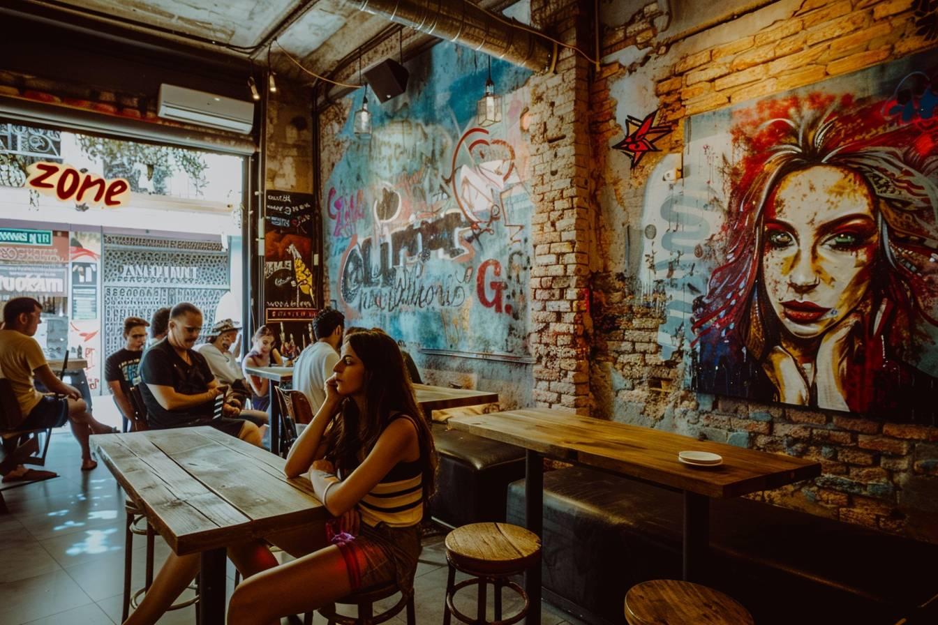 Intérieur d'un bar ou d'un café avec des murs colorés et un graffiti