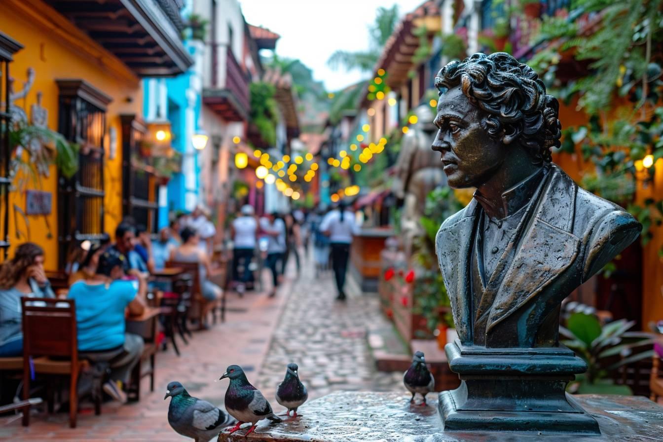 Statue de bronze d'un homme dans une rue animée de village coloré