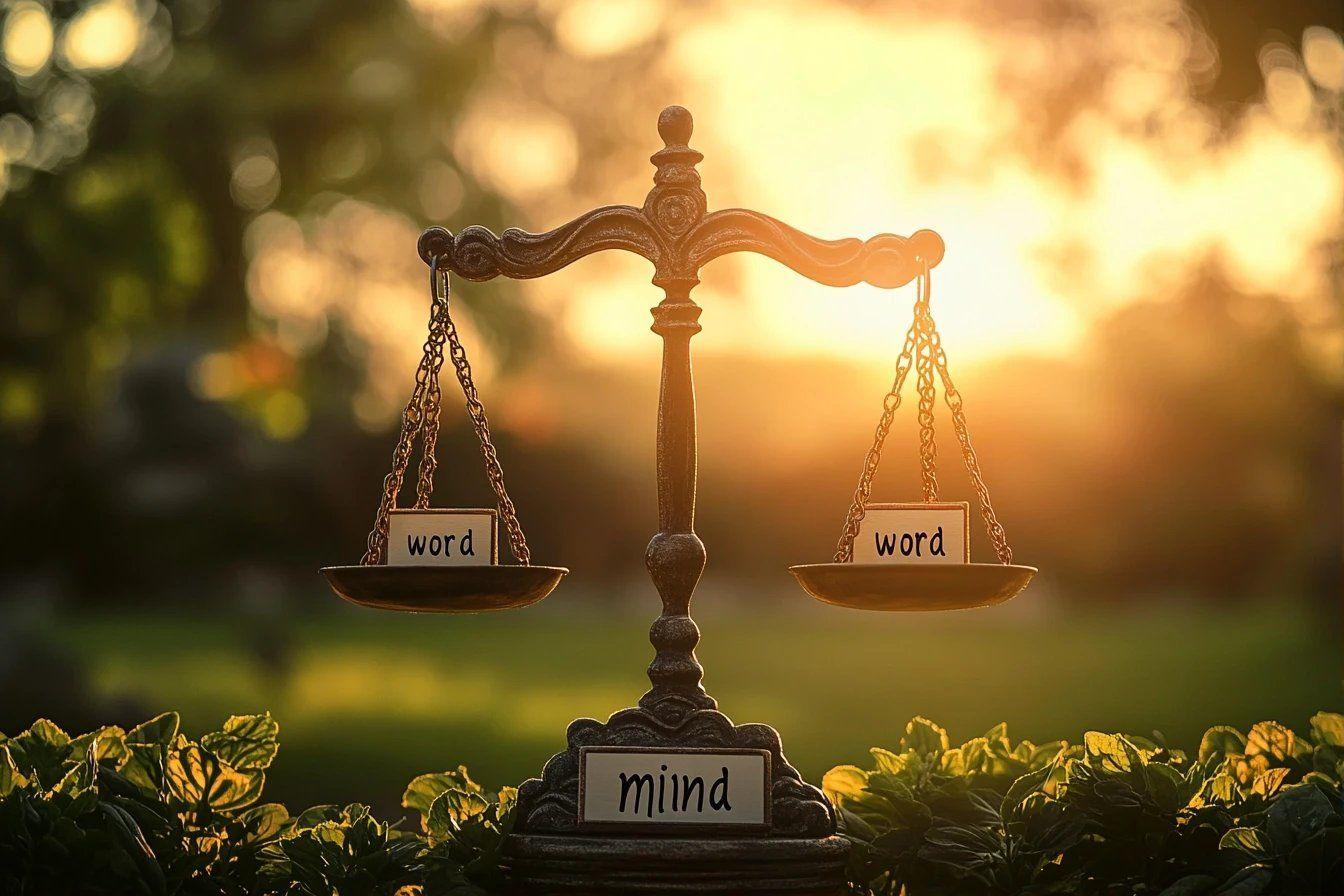 Balance avec mots sur plateaux, symbolisant l'&eacute;quilibre mental