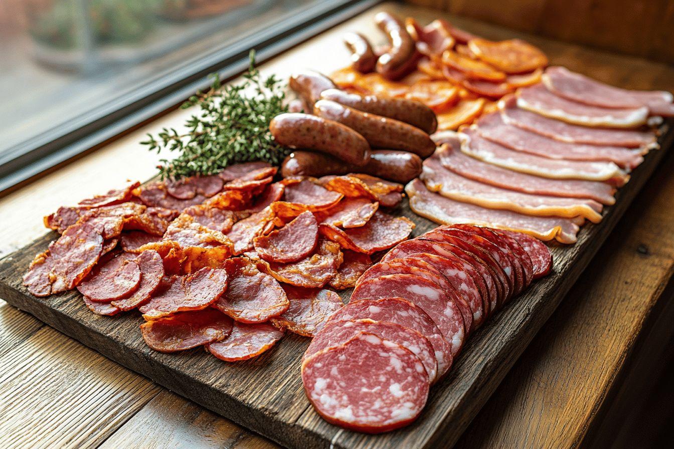 Assortiment de saucisses, salami et viandes froides sur planche