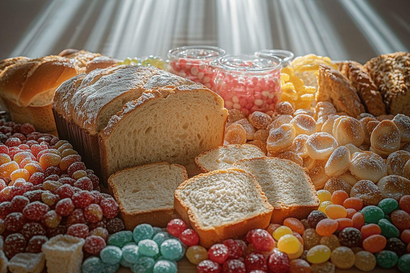 Variétés de pains entiers et tranchés entourés de bonbons colorés