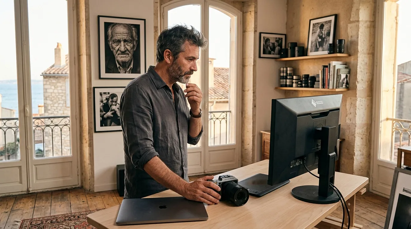 Homme regardant un écran avec appareil photo professionnel