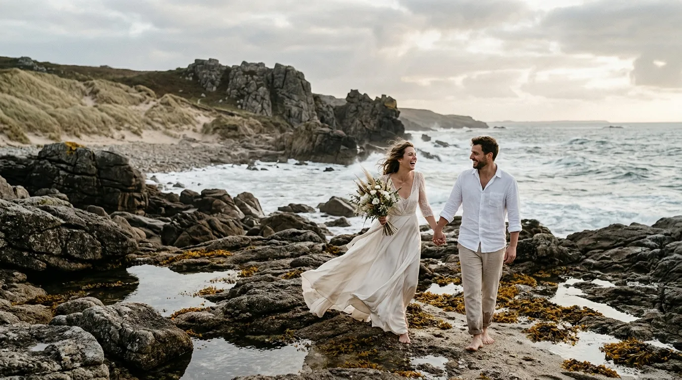 Couple marié marchant pieds nus sur plage rocheuse bretonne