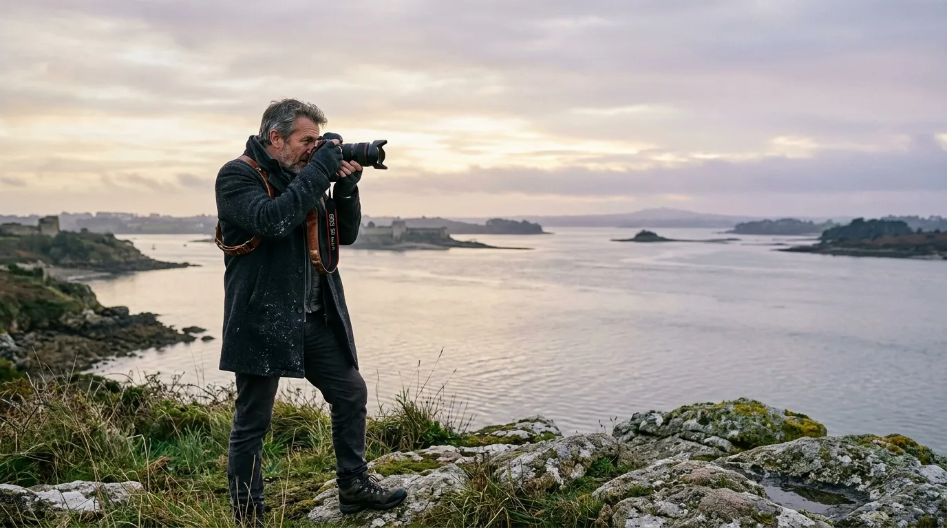 Homme photographe en noir capturant paysage côtier maritime