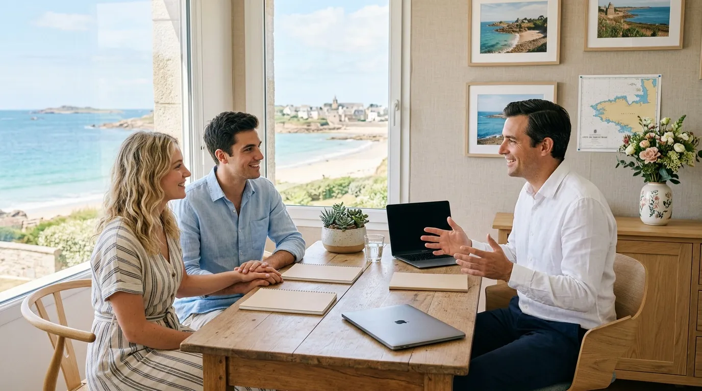 Agent immobilier présente propriété côtière à couple intéressé