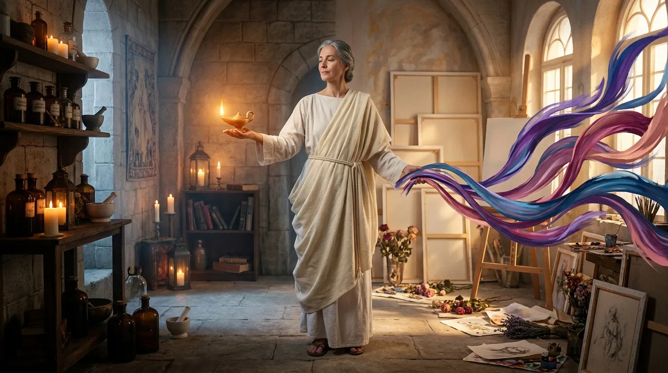 Femme en robe blanche tenant une lampe magique dans un laboratoire ancien.