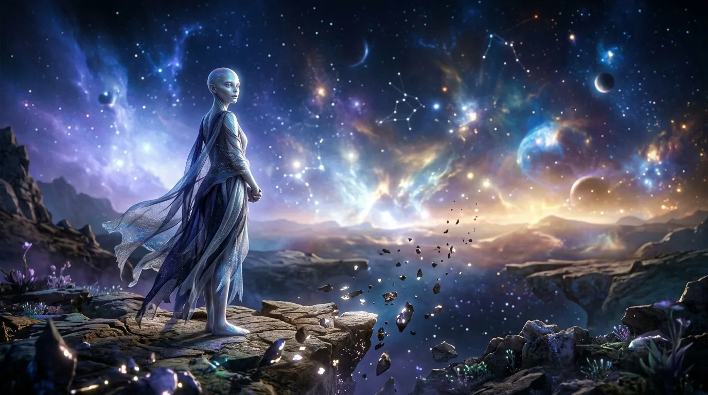 Femme céleste contemplant un univers étoilé magique