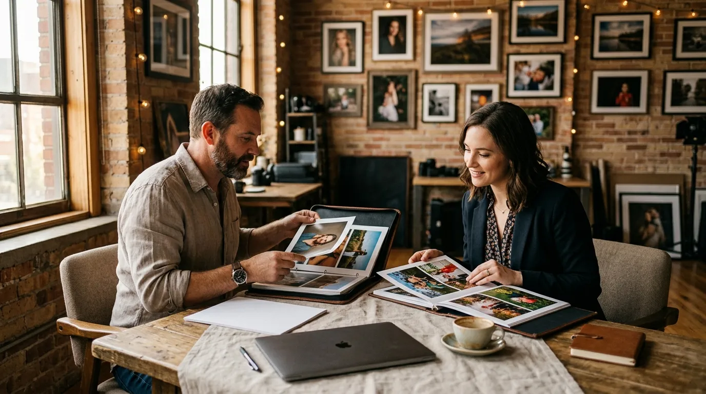Deux professionnels examinent des photos sur tablette et papier