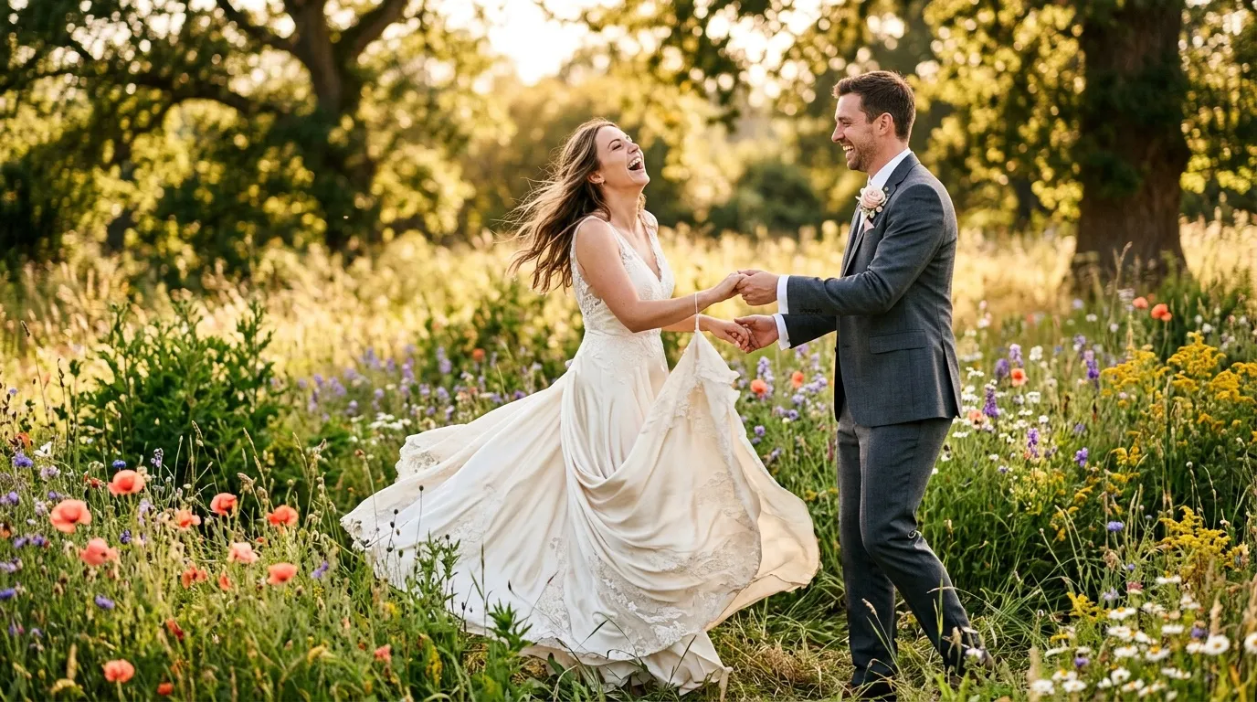 Couple marié dansant dans champ fleurs colorées soleil