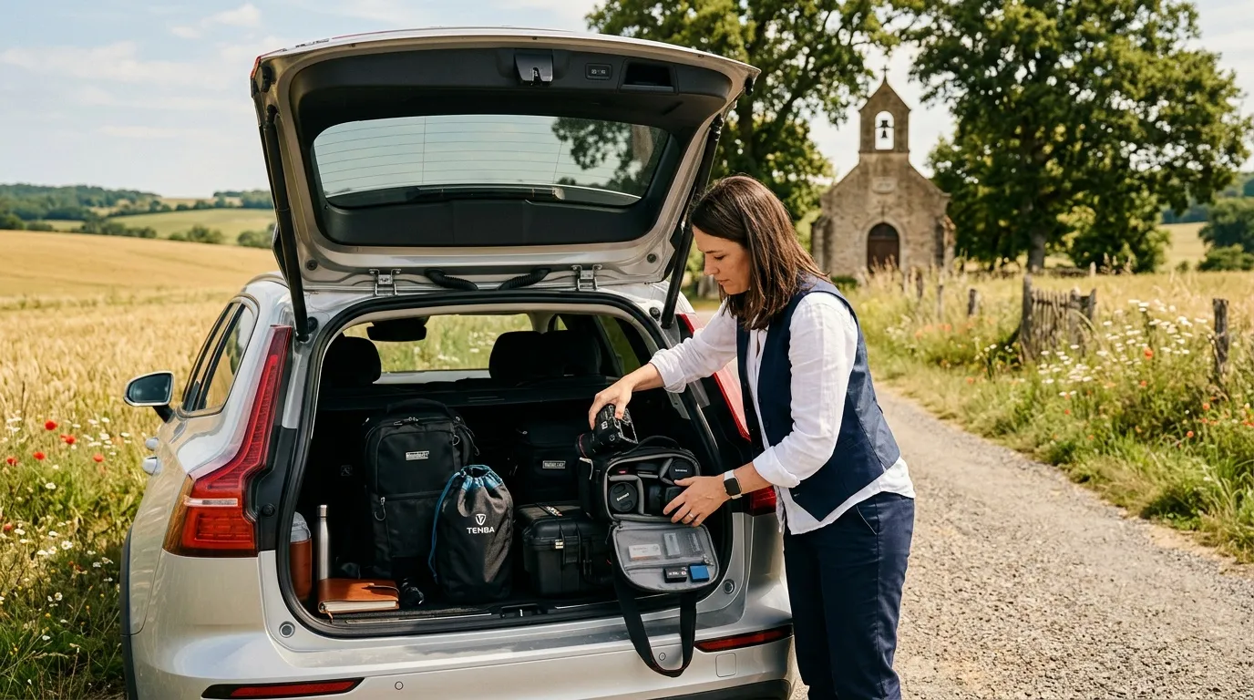 Femme arrange des sacs dans coffre de voiture ouverte, campagne