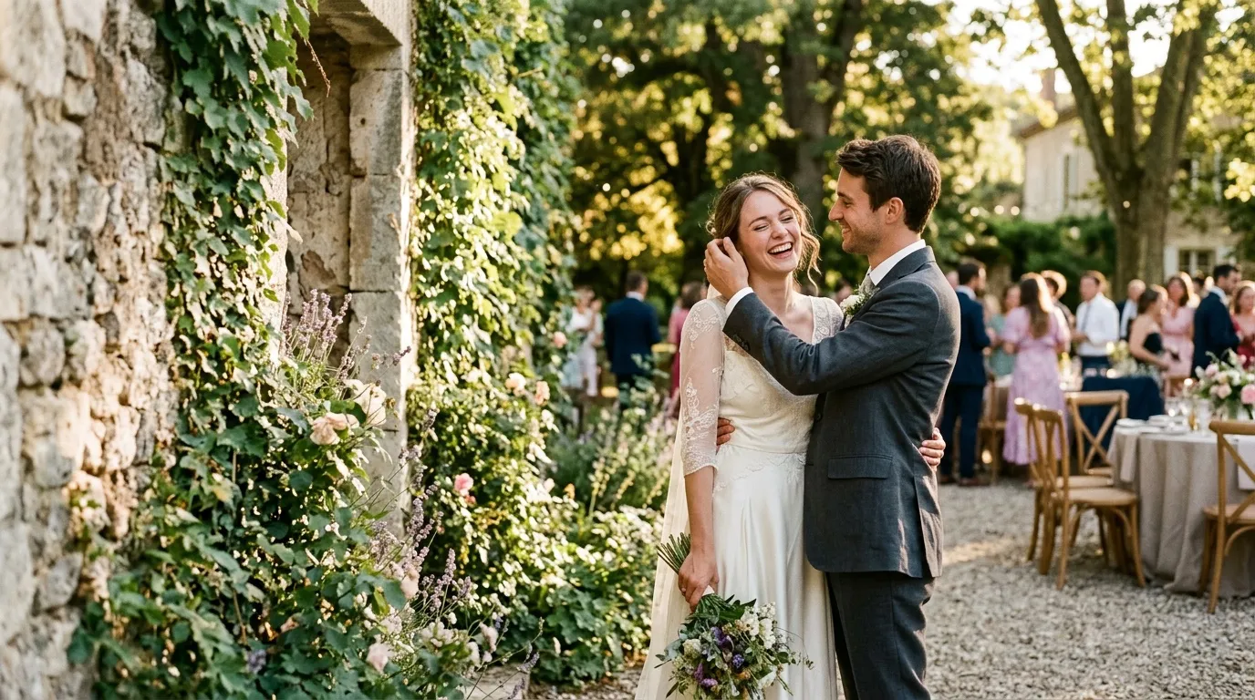 Couple de mariés souriants dans un jardin fleuri