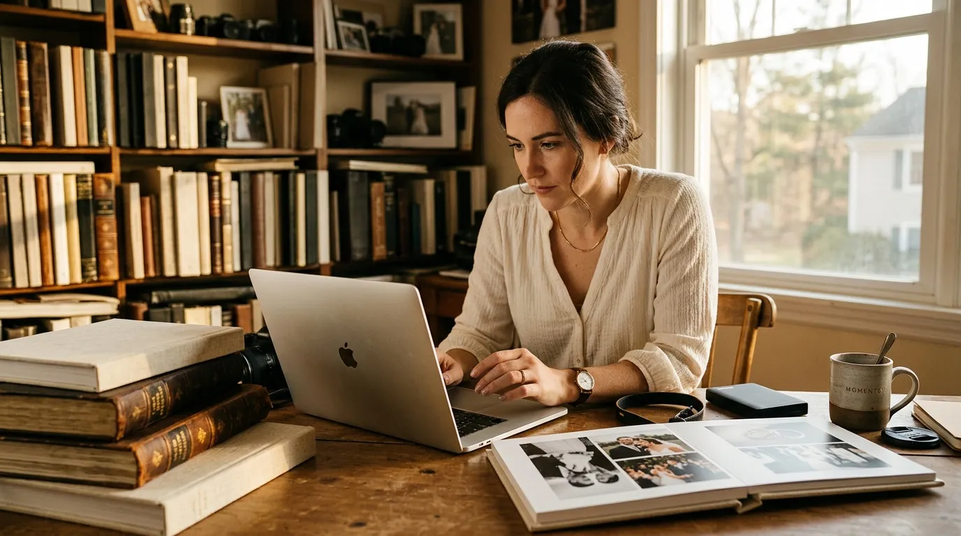 Femme tapant sur laptop à son bureau avec livres
