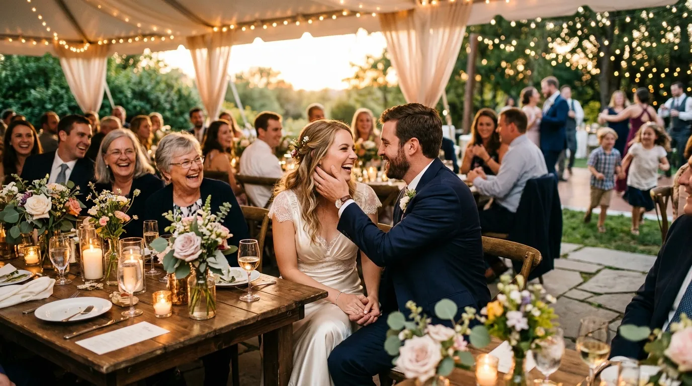 Couple heureux à leur réception de mariage sous une tente décorée