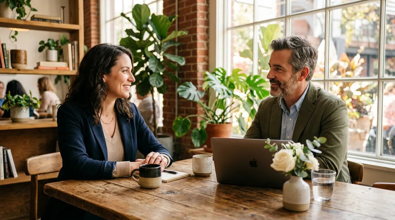 Deux professionnels discutent devant un ordinateur portable dans un bureau lumineux avec plantes.